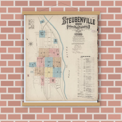 Old map wall art mockup — magnetic wood frame on brick wall — Sanborn Fire Insurance Map from Steubenville, Jefferson County, Ohio (1885), Sheet #0001
