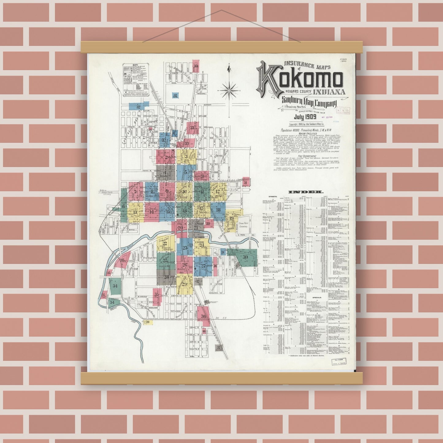 Old map wall art mockup — magnetic wood frame on brick wall — Sanborn Fire Insurance Map from Kokomo, Howard County, Indiana (1909), Sheet #0001