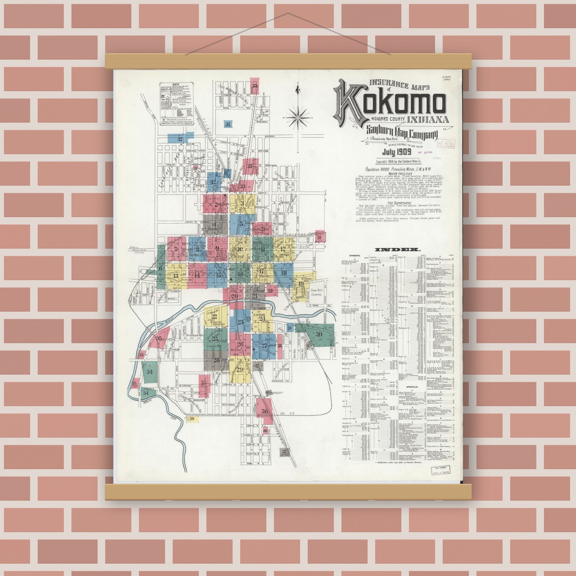 Old map wall art mockup — magnetic wood frame on brick wall — Sanborn Fire Insurance Map from Kokomo, Howard County, Indiana (1909), Sheet #0001