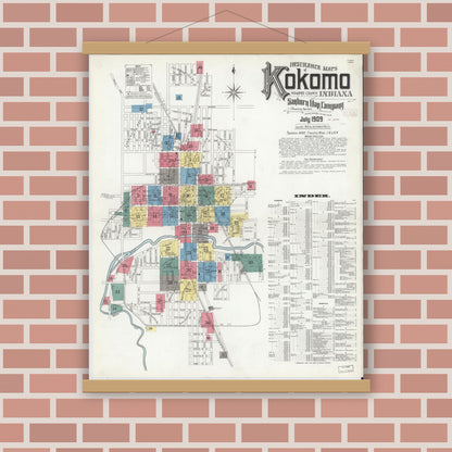 Old map wall art mockup — magnetic wood frame on brick wall — Sanborn Fire Insurance Map from Kokomo, Howard County, Indiana (1909), Sheet #0001