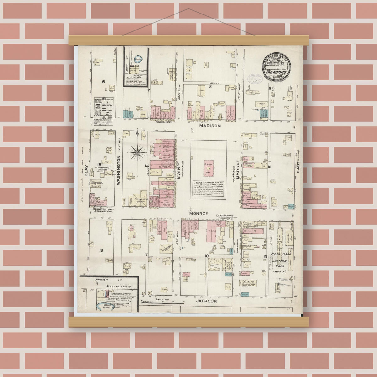 Old map wall art mockup — magnetic wood frame on brick wall — Sanborn Fire Insurance Map from Memphis, Scotland County, Missouri (1884), Sheet #0001