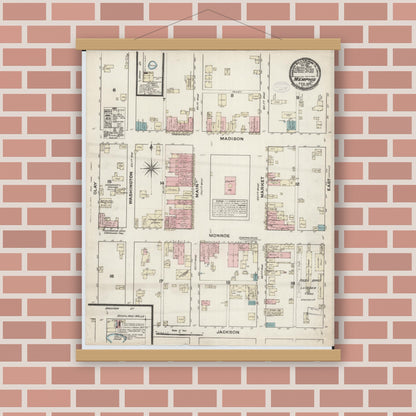 Old map wall art mockup — magnetic wood frame on brick wall — Sanborn Fire Insurance Map from Memphis, Scotland County, Missouri (1884), Sheet #0001