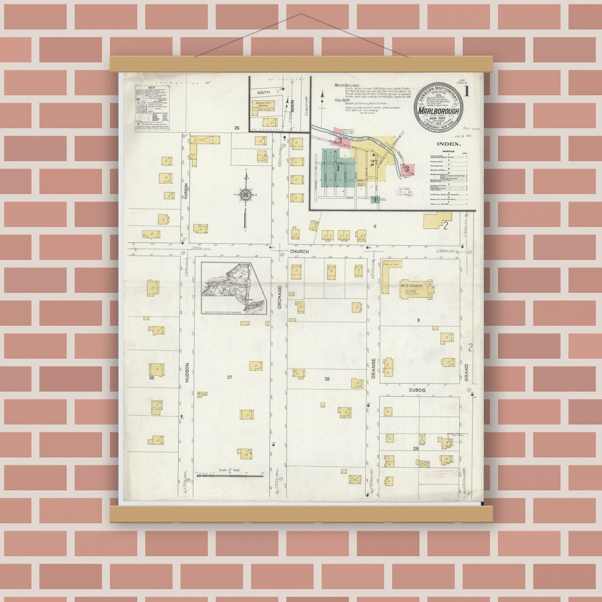 Old map wall art mockup — magnetic wood frame on brick wall — Sanborn Fire Insurance Map from Marlborough, Ulster County, New York (1912) - Complete Map Set