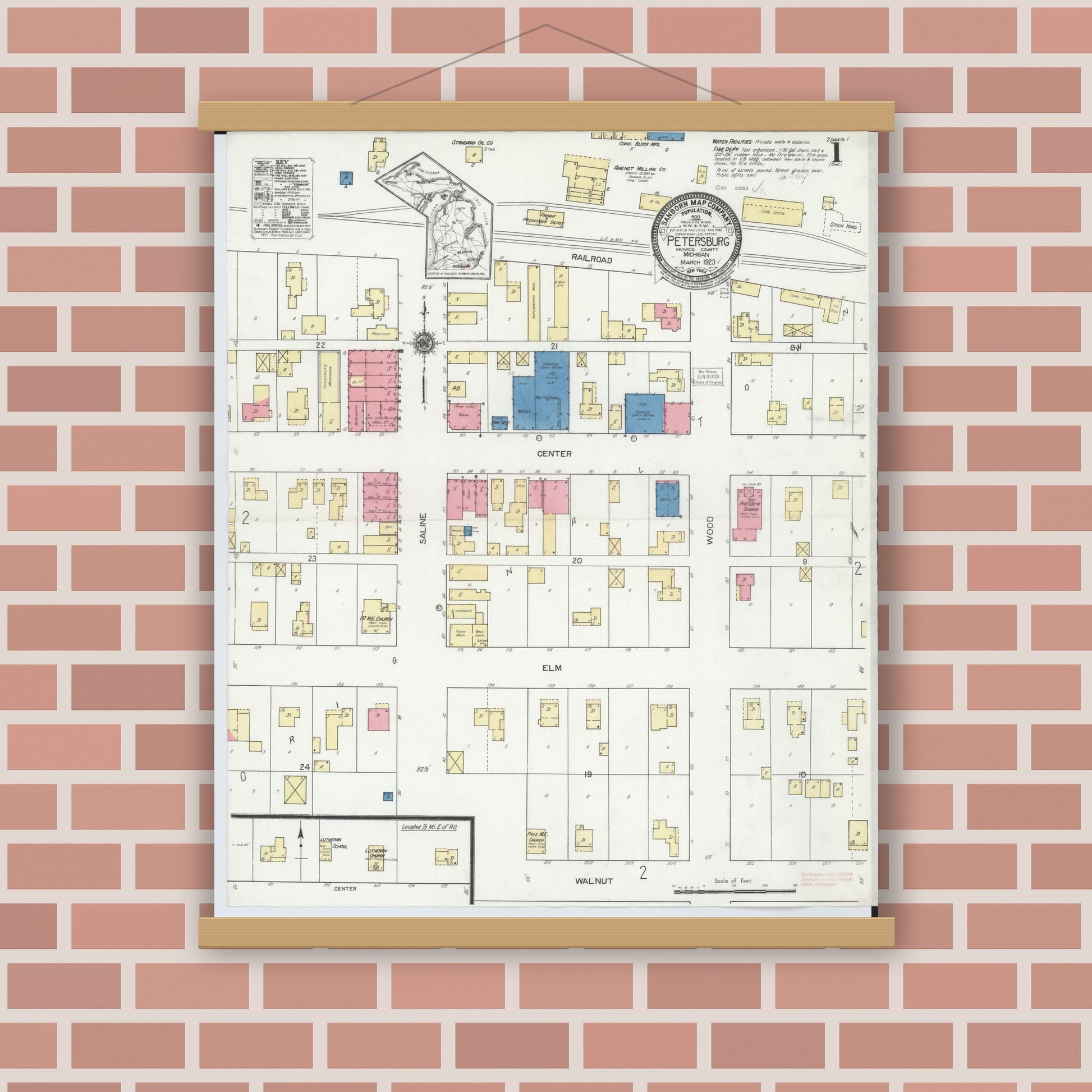 Old map wall art mockup — magnetic wood frame on brick wall — Sanborn Fire Insurance Map from Petersburg, Monroe County, Michigan (1923), Sheet #0001