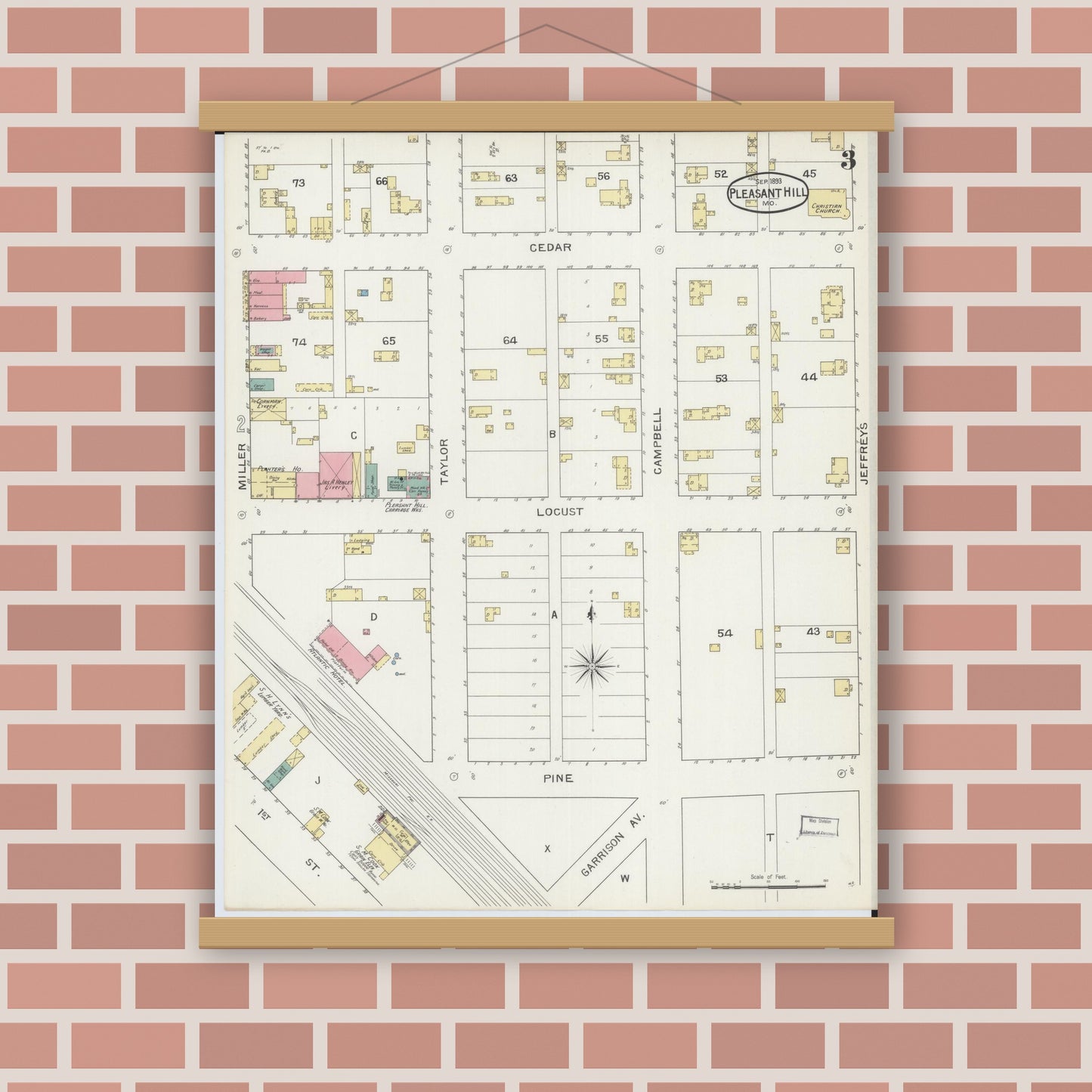 Old map wall art mockup — magnetic wood frame on brick wall — Sanborn Fire Insurance Map from Pleasant Hill, Cass County, Missouri (1893), Sheet #0003
