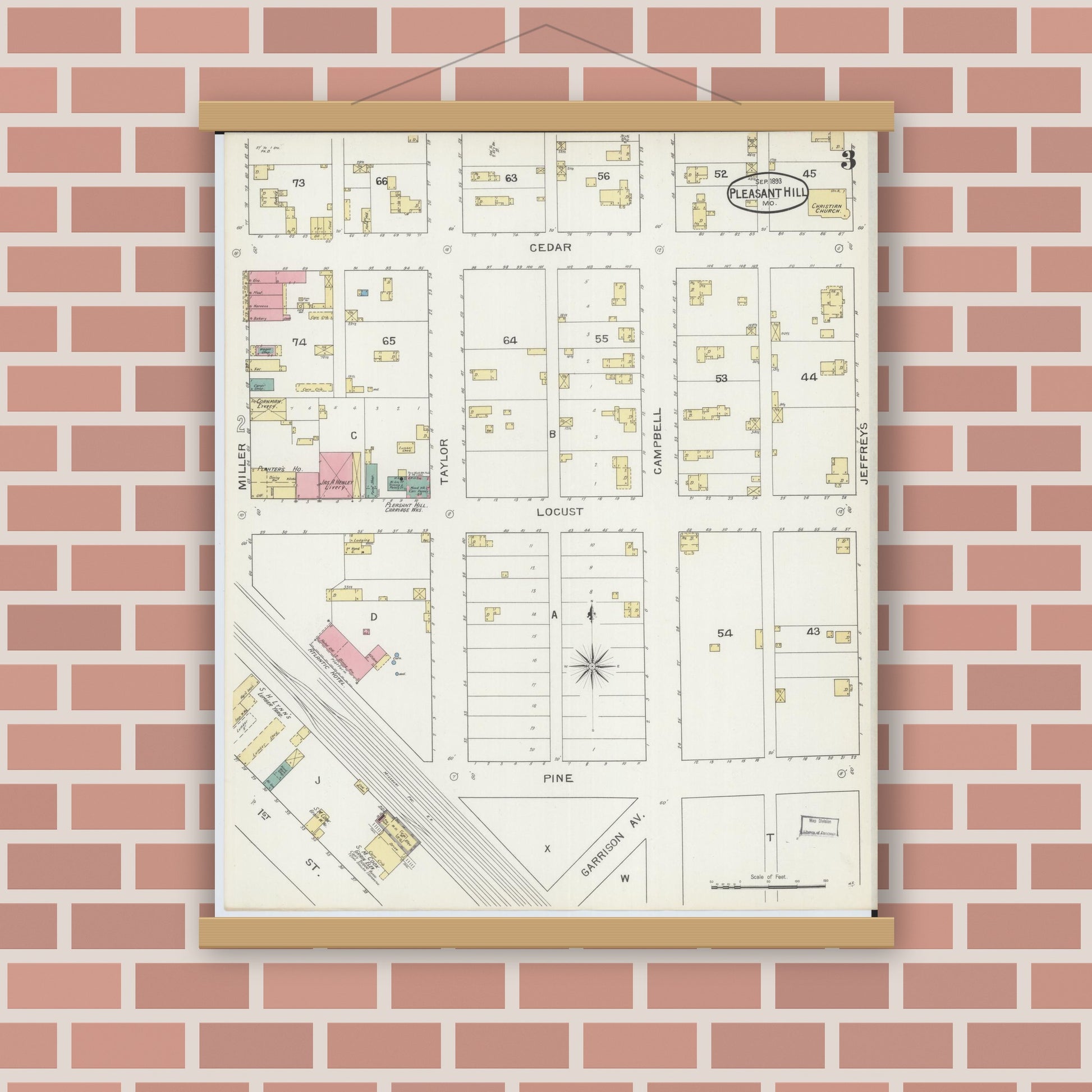 Old map wall art mockup — magnetic wood frame on brick wall — Sanborn Fire Insurance Map from Pleasant Hill, Cass County, Missouri (1893), Sheet #0003