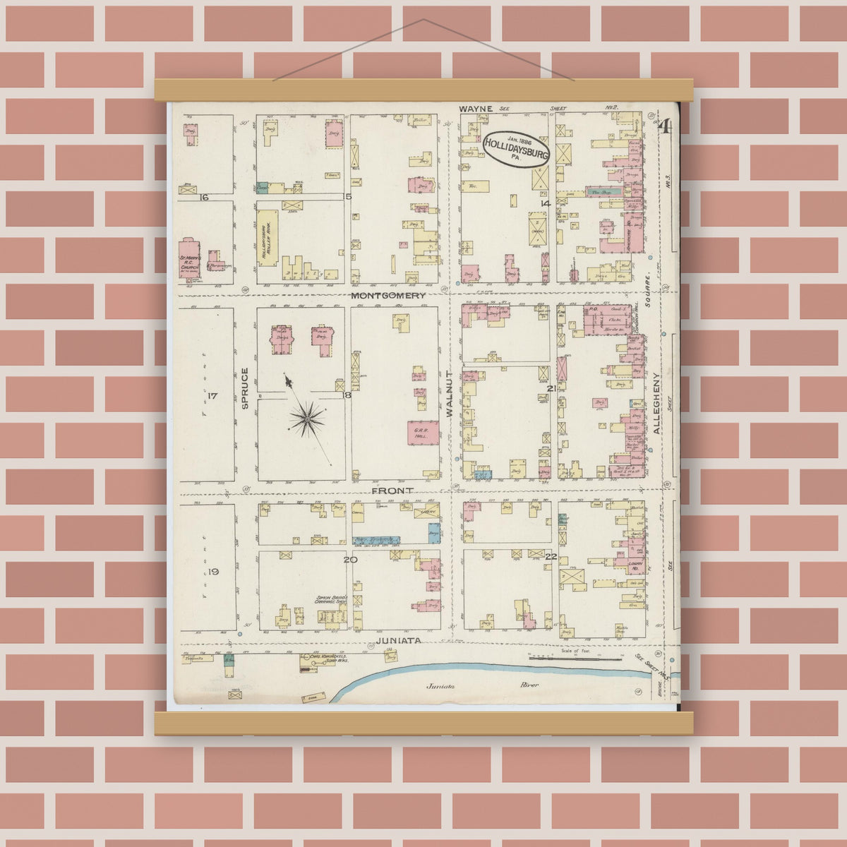 Old map wall art mockup — magnetic wood frame on brick wall — Sanborn Fire Insurance Map from Hollidaysburg, Blair County, Pennsylvania (1886), Sheet #0004