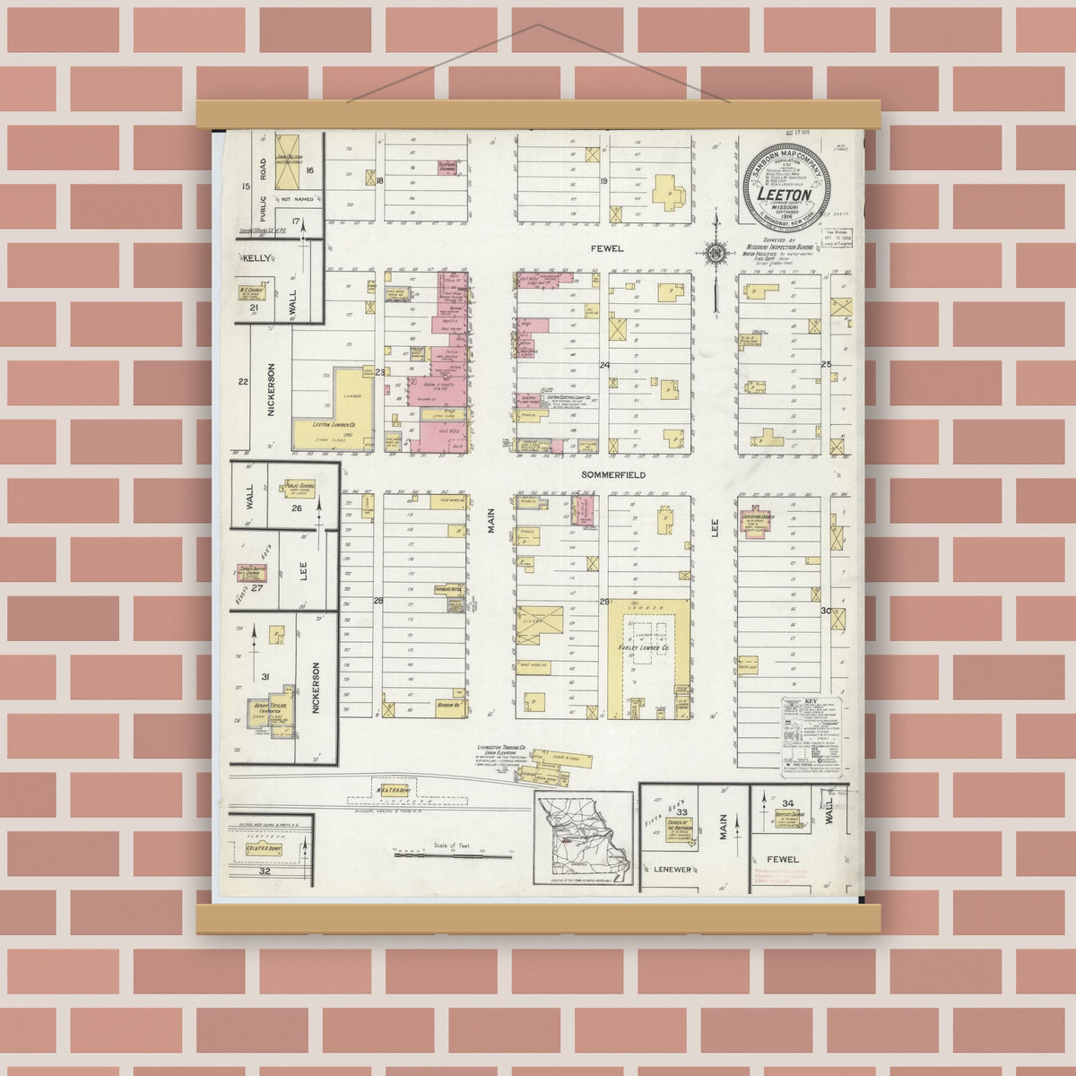 Old map wall art mockup — magnetic wood frame on brick wall — Sanborn Fire Insurance Map from Leeton, Johnson County, Missouri (1916), Sheet #0001