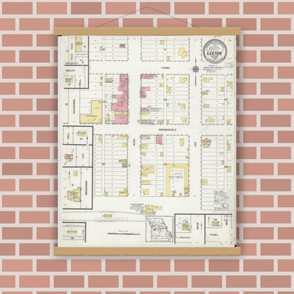 Old map wall art mockup — magnetic wood frame on brick wall — Sanborn Fire Insurance Map from Leeton, Johnson County, Missouri (1916), Sheet #0001