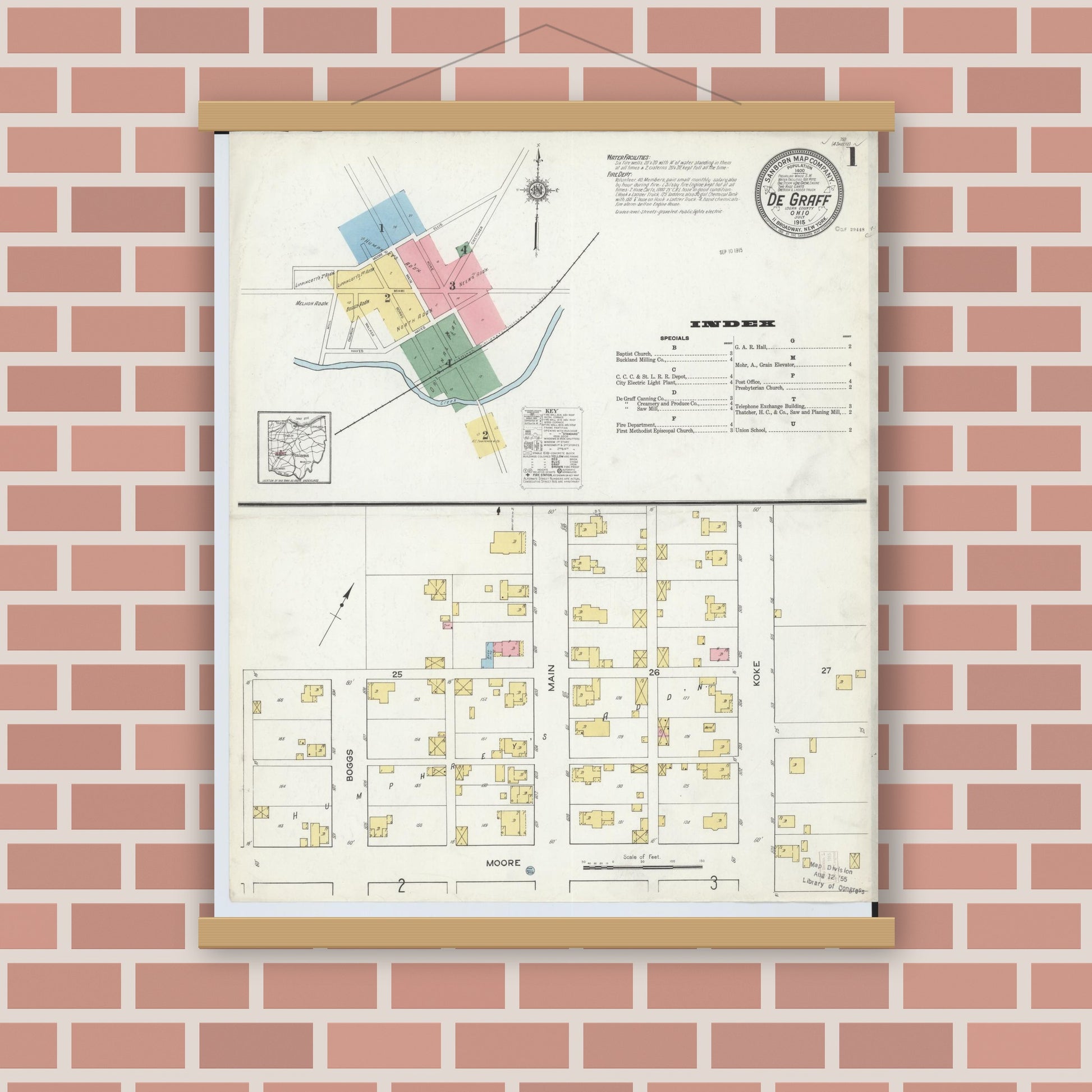 Old map wall art mockup — magnetic wood frame on brick wall — Sanborn Fire Insurance Map from Degraff, Logan County, Ohio (1915), Sheet #0001