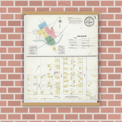 Old map wall art mockup — magnetic wood frame on brick wall — Sanborn Fire Insurance Map from Degraff, Logan County, Ohio (1915), Sheet #0001