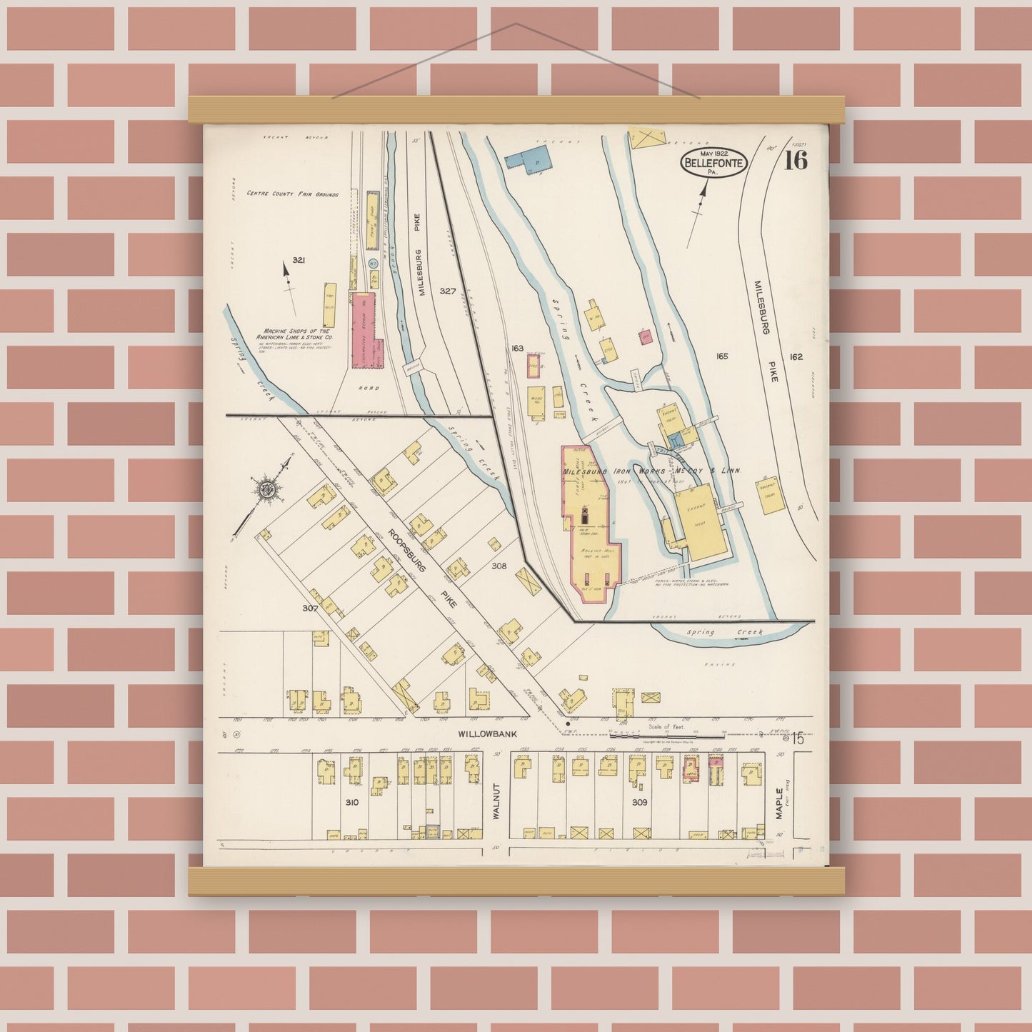 Old map wall art mockup — magnetic wood frame on brick wall — Sanborn Fire Insurance Map from Bellefonte, Centre County, Pennsylvania (1922), Sheet #0016