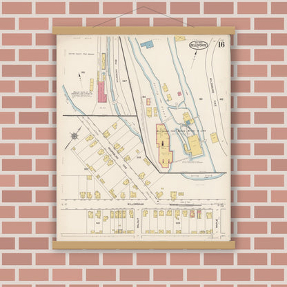 Old map wall art mockup — magnetic wood frame on brick wall — Sanborn Fire Insurance Map from Bellefonte, Centre County, Pennsylvania (1922), Sheet #0016