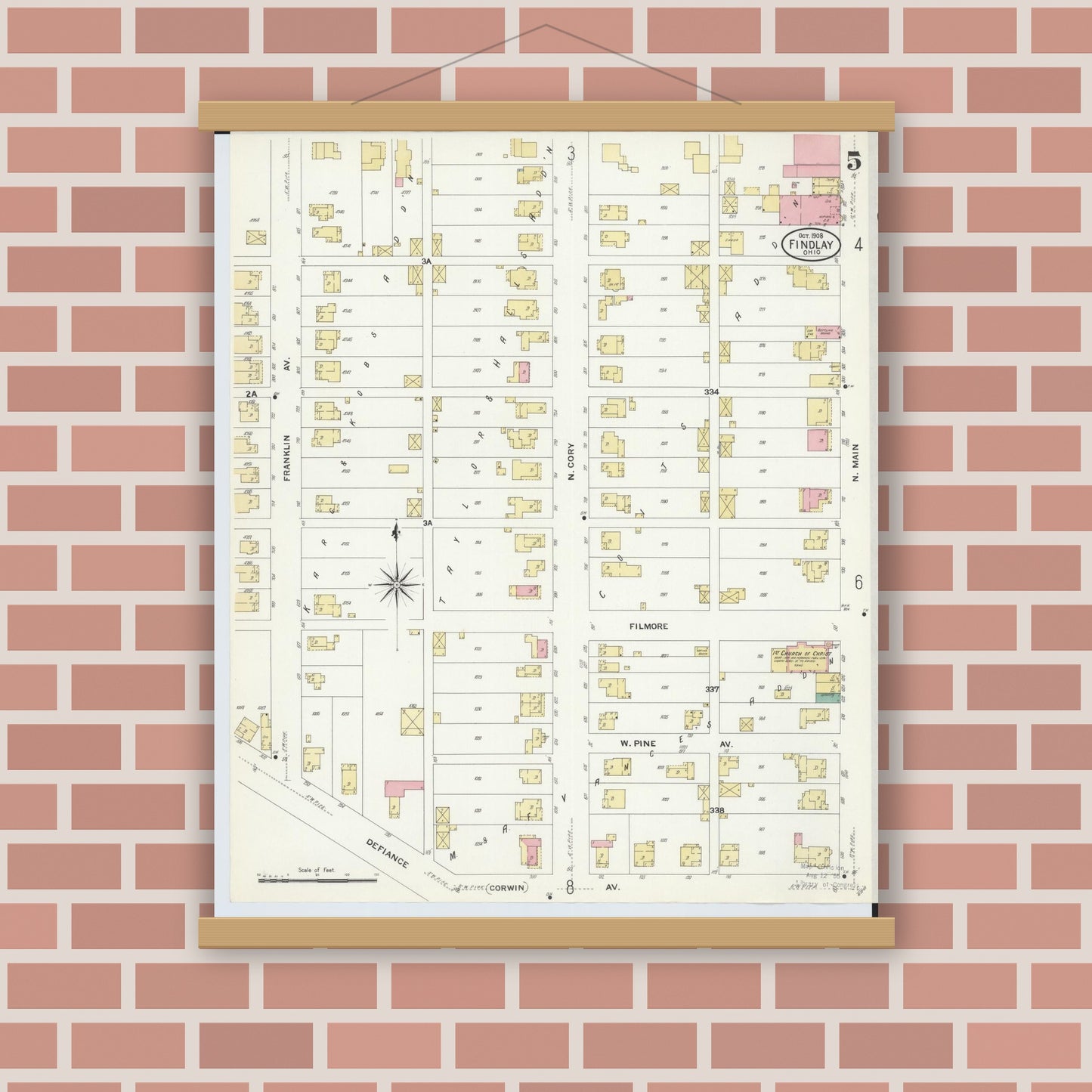 Old map wall art mockup — magnetic wood frame on brick wall — Sanborn Fire Insurance Map from Findlay, Hancock County, Ohio (1908), Sheet #0005