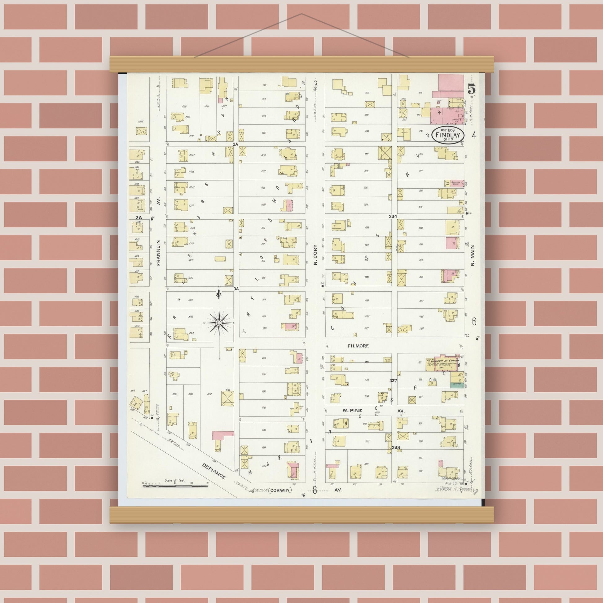 Old map wall art mockup — magnetic wood frame on brick wall — Sanborn Fire Insurance Map from Findlay, Hancock County, Ohio (1908), Sheet #0005