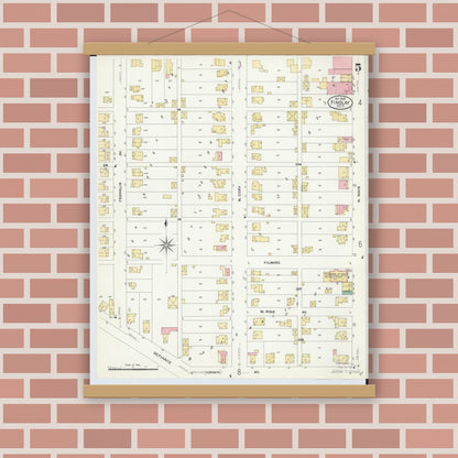 Old map wall art mockup — magnetic wood frame on brick wall — Sanborn Fire Insurance Map from Findlay, Hancock County, Ohio (1908), Sheet #0005