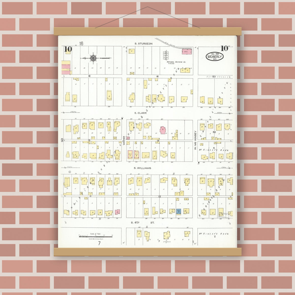 Old map wall art mockup — magnetic wood frame on brick wall — Sanborn Fire Insurance Map from Moberly, Randolph County, Missouri (1923), Sheet #0010
