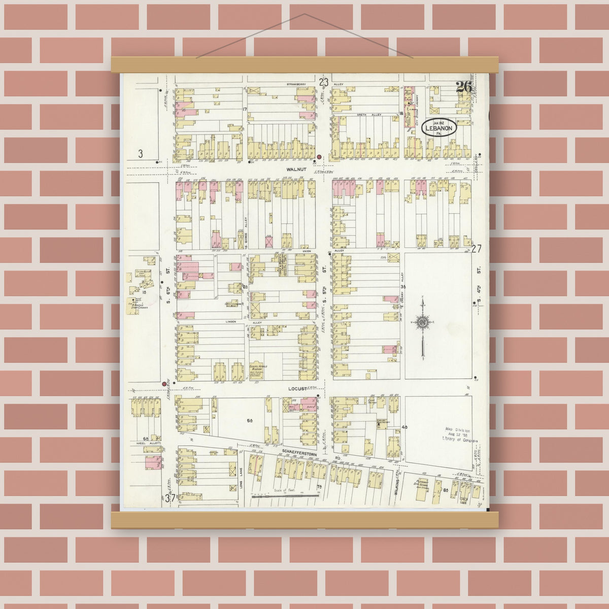 Old map wall art mockup — magnetic wood frame on brick wall — Sanborn Fire Insurance Map from Lebanon, Lebanon County, Pennsylvania (1912), Sheet #0026
