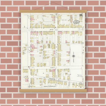 Old map wall art mockup — magnetic wood frame on brick wall — Sanborn Fire Insurance Map from Lebanon, Lebanon County, Pennsylvania (1912), Sheet #0026