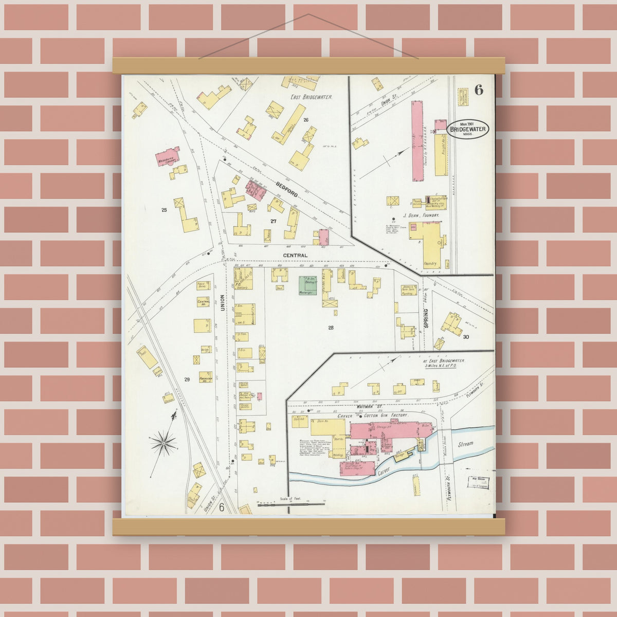 Old map wall art mockup — magnetic wood frame on brick wall — Sanborn Fire Insurance Map from Bridgewater, Plymouth County, Massachusetts (1901), Sheet #0006