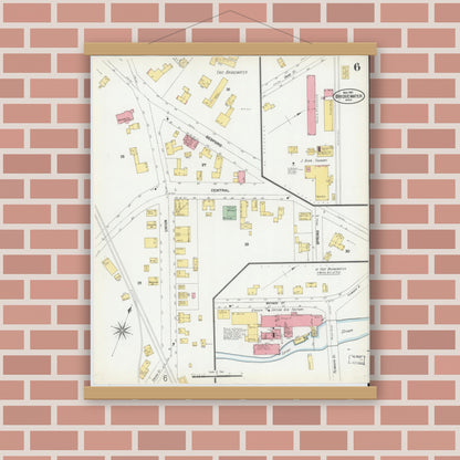 Old map wall art mockup — magnetic wood frame on brick wall — Sanborn Fire Insurance Map from Bridgewater, Plymouth County, Massachusetts (1901), Sheet #0006