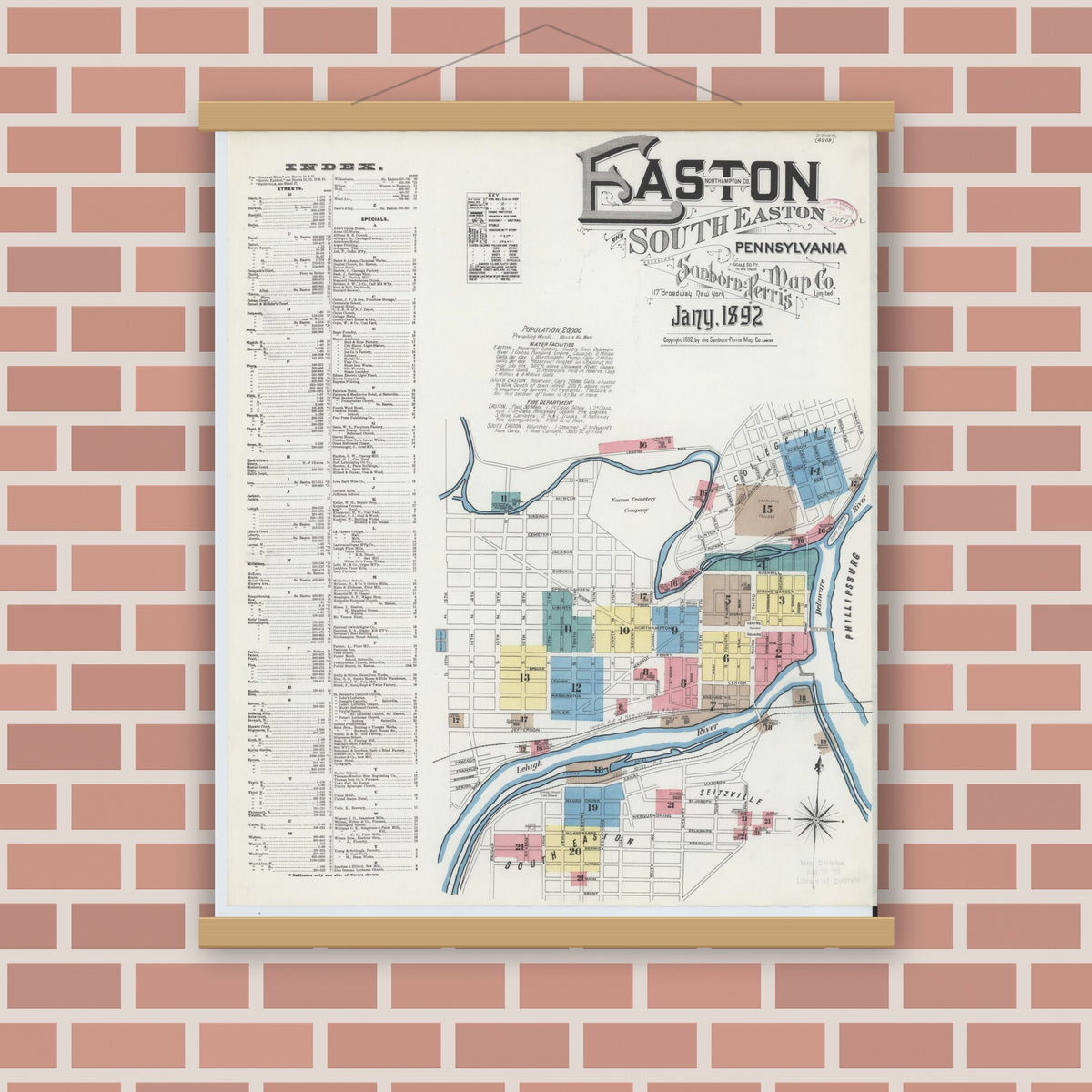 Old map wall art mockup — magnetic wood frame on brick wall — Sanborn Fire Insurance Map from Easton, Northampton County, Pennsylvania (1892) - Complete Map Set