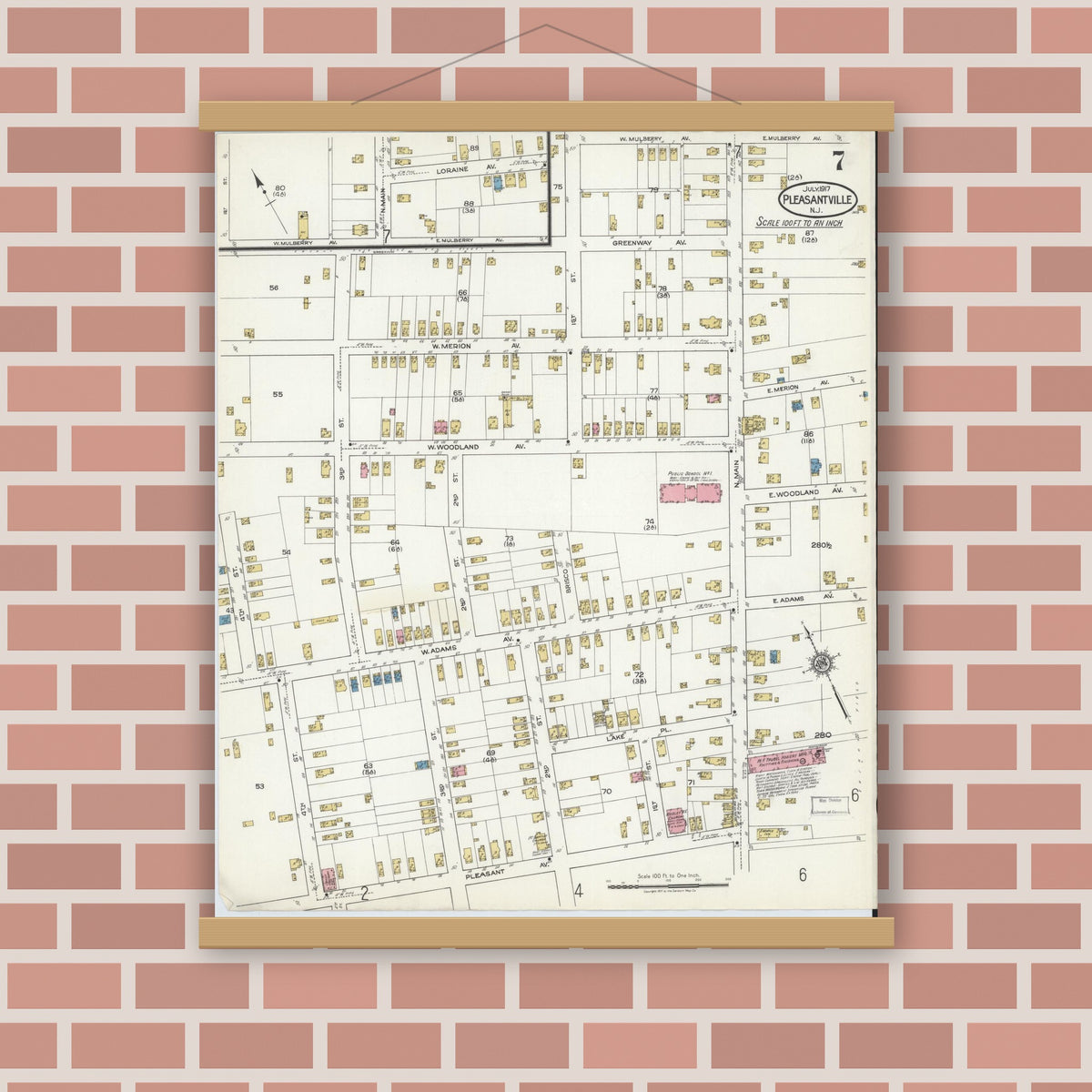 Old map wall art mockup — magnetic wood frame on brick wall — Sanborn Fire Insurance Map from Pleasantville, Atlantic County, New Jersey (1917), Sheet #0007