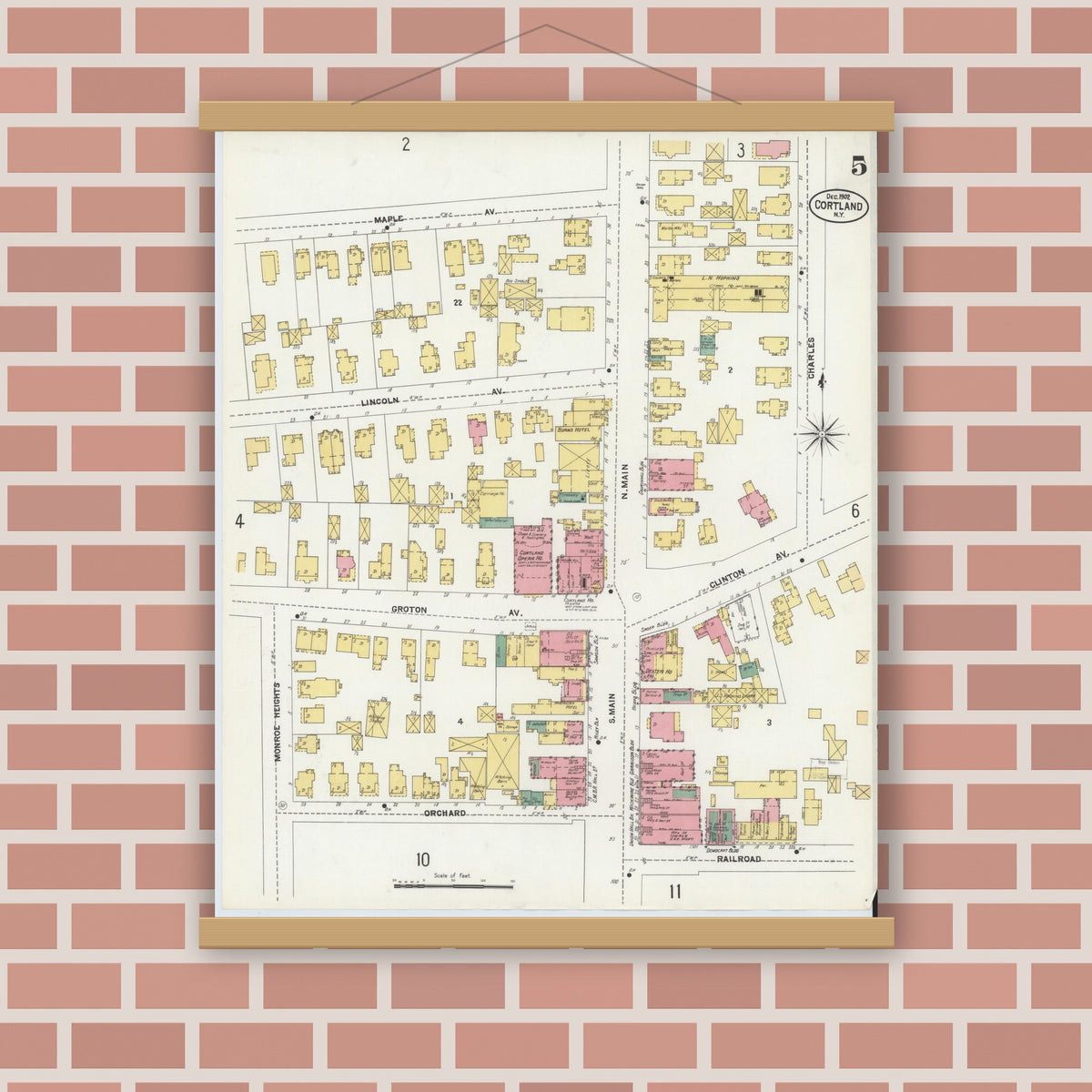 Old map wall art mockup — magnetic wood frame on brick wall — Sanborn Fire Insurance Map from Cortland, Cortland County, New York (1902), Sheet #0005