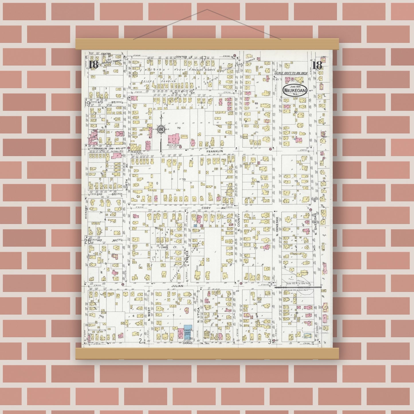 Old map wall art mockup — magnetic wood frame on brick wall — Sanborn Fire Insurance Map from Waukegan, Lake County, Illinois (1924), Sheet #0018