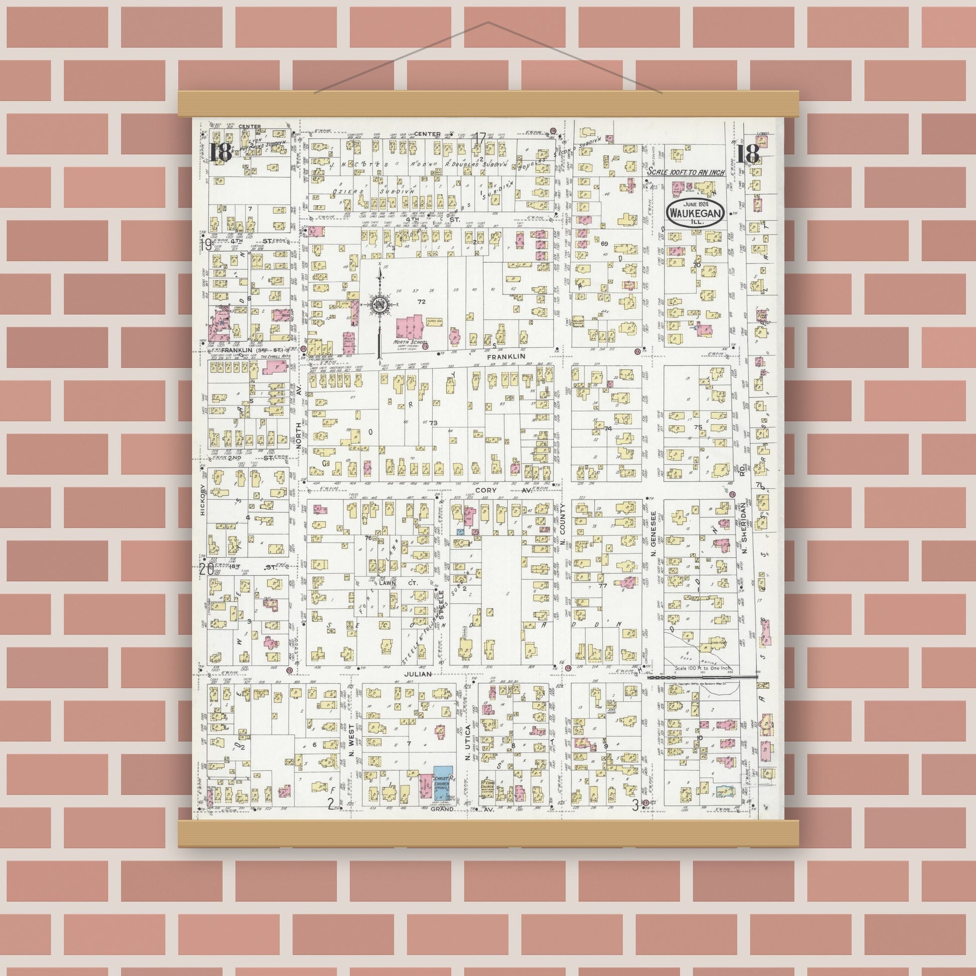 Old map wall art mockup — magnetic wood frame on brick wall — Sanborn Fire Insurance Map from Waukegan, Lake County, Illinois (1924), Sheet #0018