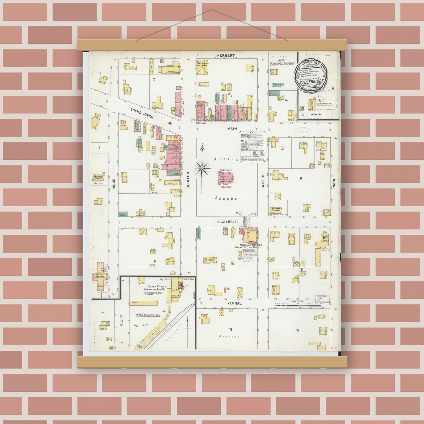 Old map wall art mockup — magnetic wood frame on brick wall — Sanborn Fire Insurance Map from Stockbridge, Ingham County, Michigan (1899), Sheet #0001