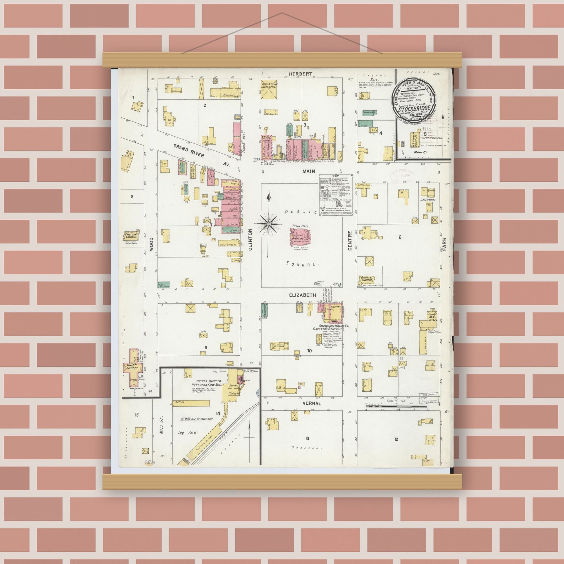 Old map wall art mockup — magnetic wood frame on brick wall — Sanborn Fire Insurance Map from Stockbridge, Ingham County, Michigan (1899), Sheet #0001
