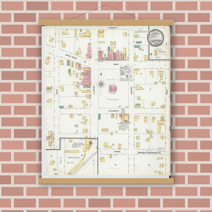 Old map wall art mockup — magnetic wood frame on brick wall — Sanborn Fire Insurance Map from Stockbridge, Ingham County, Michigan (1899), Sheet #0001