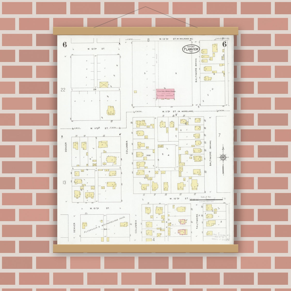 Old map wall art mockup — magnetic wood frame on brick wall — Sanborn Fire Insurance Map from Plainview, Hale County, Texas (1927), Sheet #0006