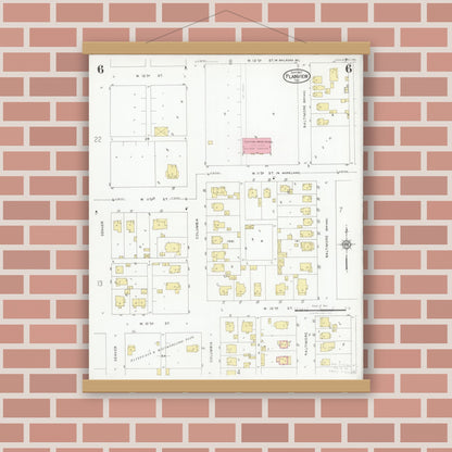 Old map wall art mockup — magnetic wood frame on brick wall — Sanborn Fire Insurance Map from Plainview, Hale County, Texas (1927), Sheet #0006