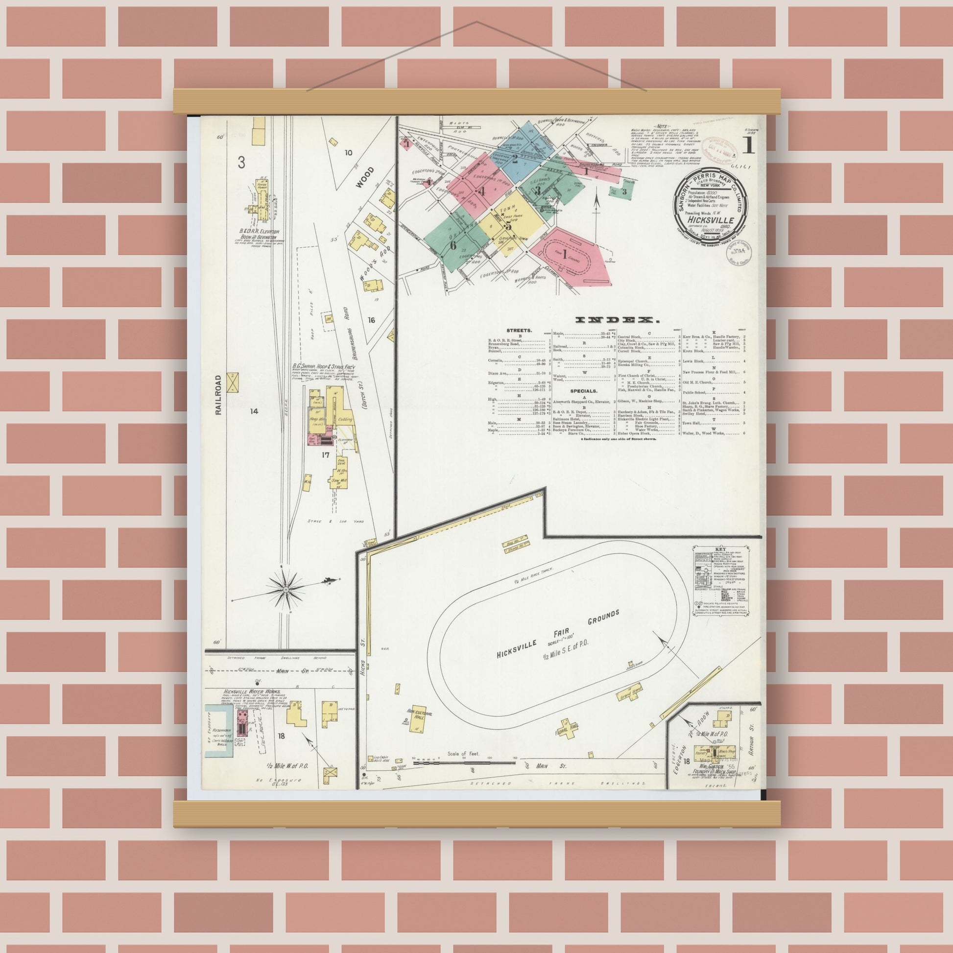 Old map wall art mockup — magnetic wood frame on brick wall — Sanborn Fire Insurance Map from Hicksville, Defiance County, Ohio (1899) - Complete Map Set
