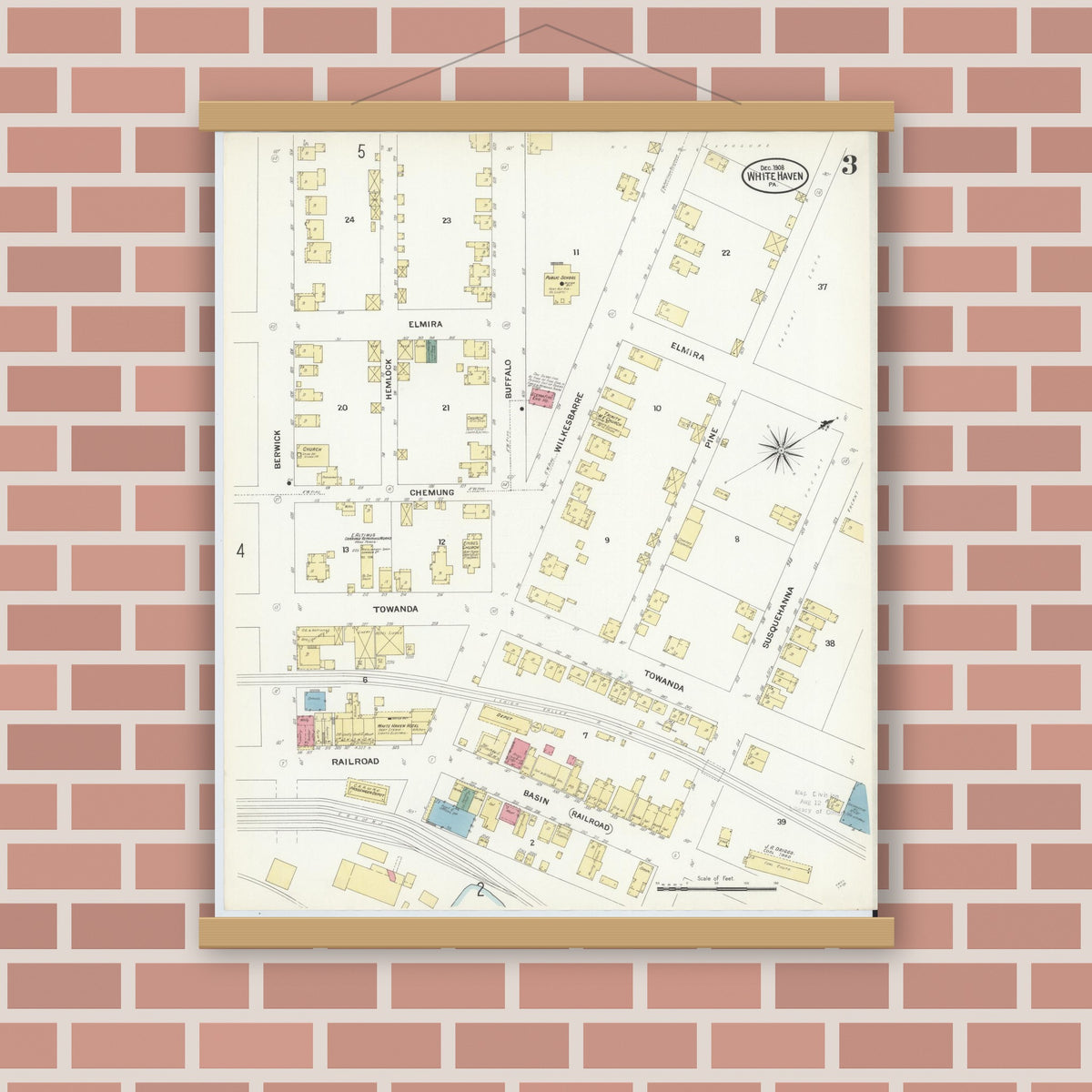 Old map wall art mockup — magnetic wood frame on brick wall — Sanborn Fire Insurance Map from White Haven, Luzerne County, Pennsylvania (1908), Sheet #0003