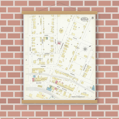 Old map wall art mockup — magnetic wood frame on brick wall — Sanborn Fire Insurance Map from White Haven, Luzerne County, Pennsylvania (1908), Sheet #0003