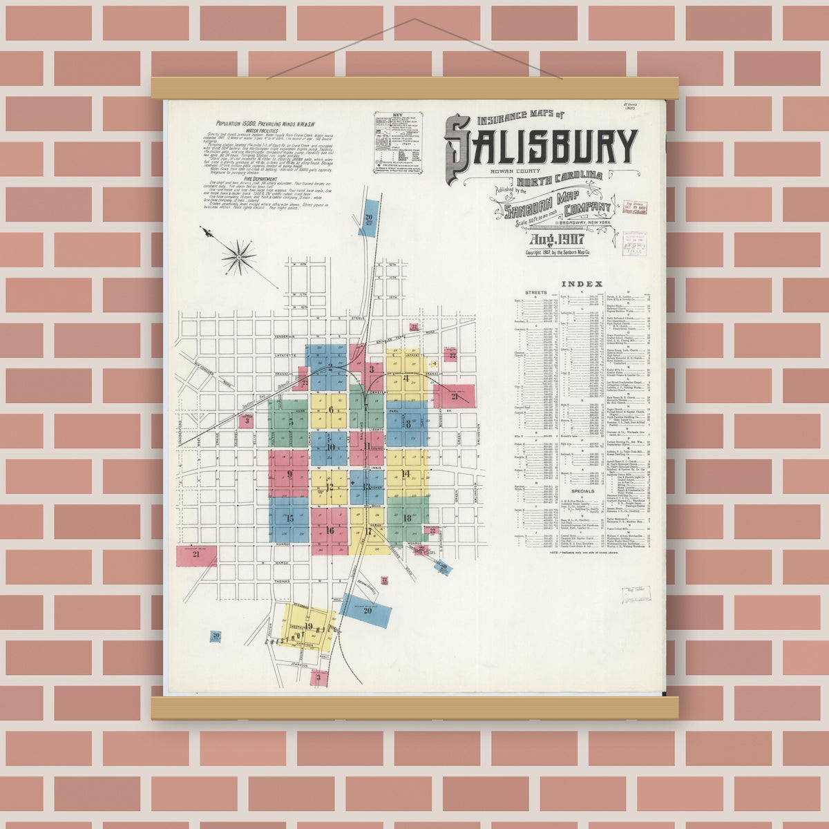Old map wall art mockup — magnetic wood frame on brick wall — Sanborn Fire Insurance Map from Salisbury, Rowan County, North Carolina (1907) - Complete Map Set