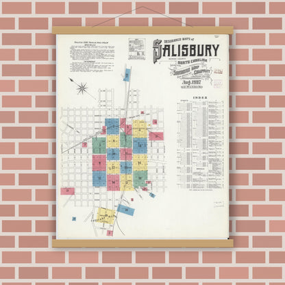Old map wall art mockup — magnetic wood frame on brick wall — Sanborn Fire Insurance Map from Salisbury, Rowan County, North Carolina (1907) - Complete Map Set