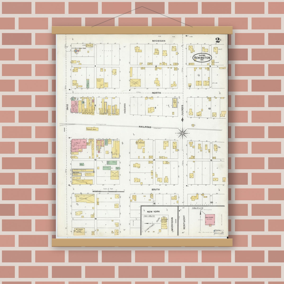 Old map wall art mockup — magnetic wood frame on brick wall — Sanborn Fire Insurance Map from Remington, Jasper County, Indiana (1904), Sheet #0002