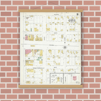 Old map wall art mockup — magnetic wood frame on brick wall — Sanborn Fire Insurance Map from Remington, Jasper County, Indiana (1904), Sheet #0002