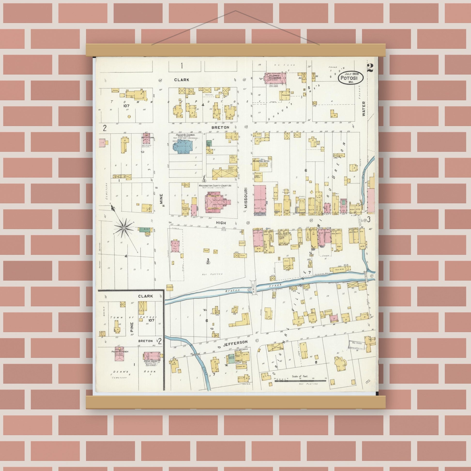 Old map wall art mockup — magnetic wood frame on brick wall — Sanborn Fire Insurance Map from Potosi, Washington County, Missouri (1908), Sheet #0002