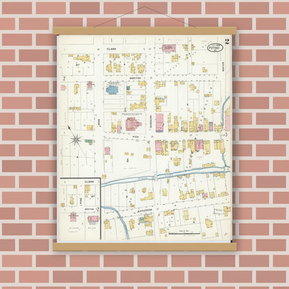 Old map wall art mockup — magnetic wood frame on brick wall — Sanborn Fire Insurance Map from Potosi, Washington County, Missouri (1908), Sheet #0002
