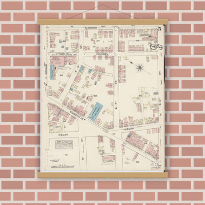 Old map wall art mockup — magnetic wood frame on brick wall — Sanborn Fire Insurance Map from Chester, Delaware County, Pennsylvania (1885), Sheet #0005