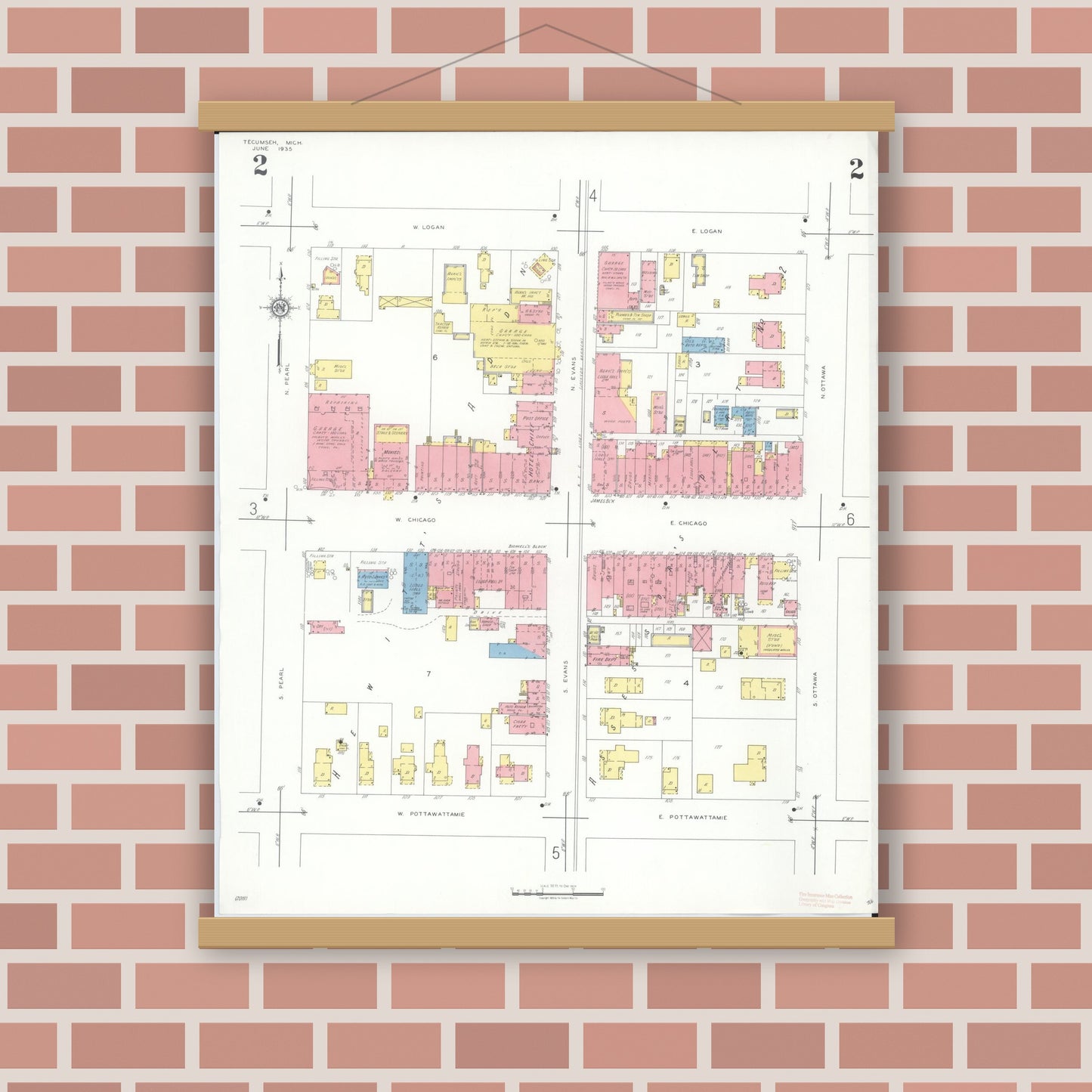 Old map wall art mockup — magnetic wood frame on brick wall — Sanborn Fire Insurance Map from Tecumseh, Lenawee County, Michigan (1935), Sheet #0002