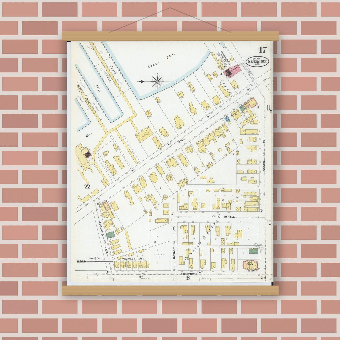 Old map wall art mockup — magnetic wood frame on brick wall — Sanborn Fire Insurance Map from Menominee, Menominee County, Michigan (1901), Sheet #0017
