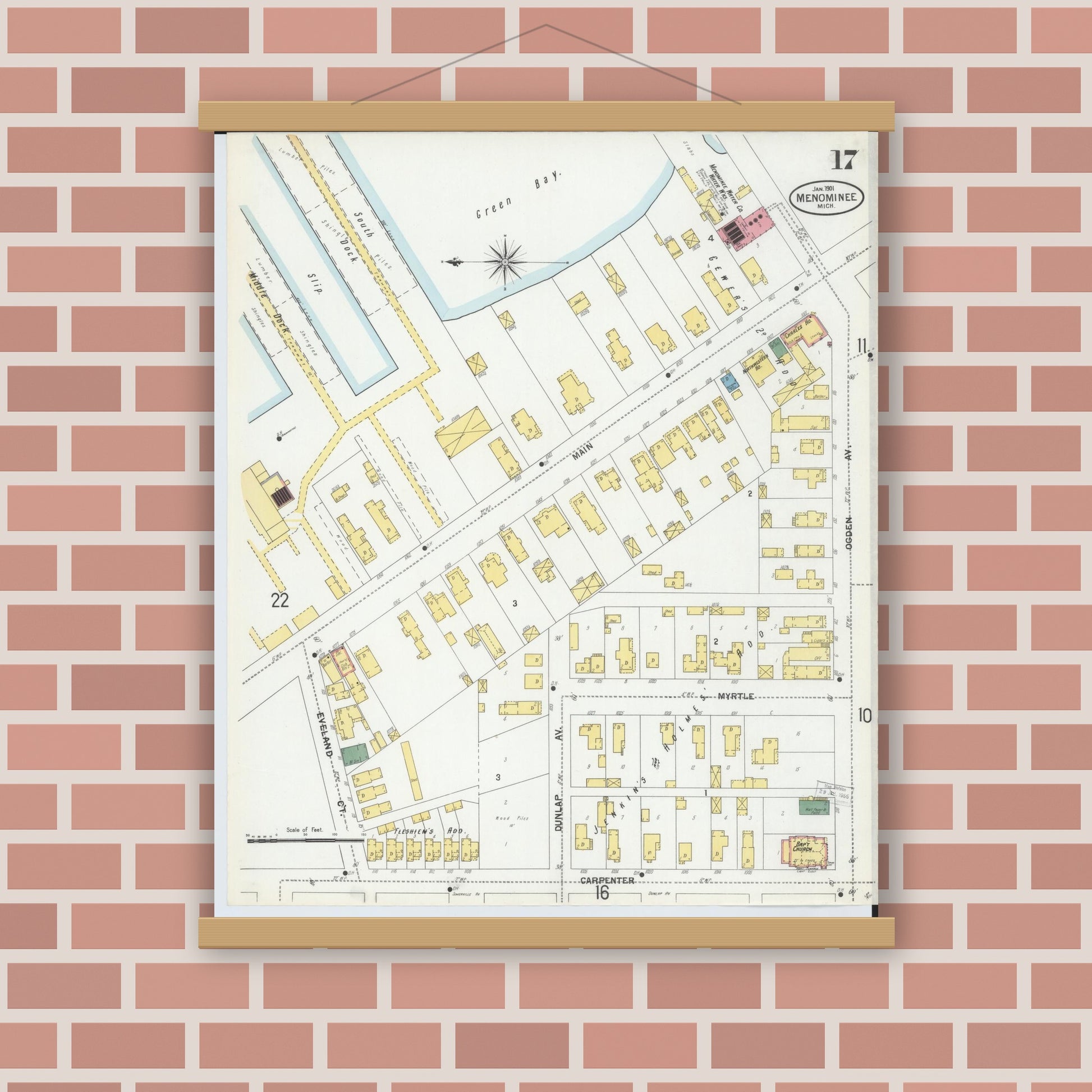 Old map wall art mockup — magnetic wood frame on brick wall — Sanborn Fire Insurance Map from Menominee, Menominee County, Michigan (1901), Sheet #0017