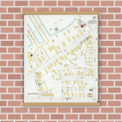 Old map wall art mockup — magnetic wood frame on brick wall — Sanborn Fire Insurance Map from Menominee, Menominee County, Michigan (1901), Sheet #0017