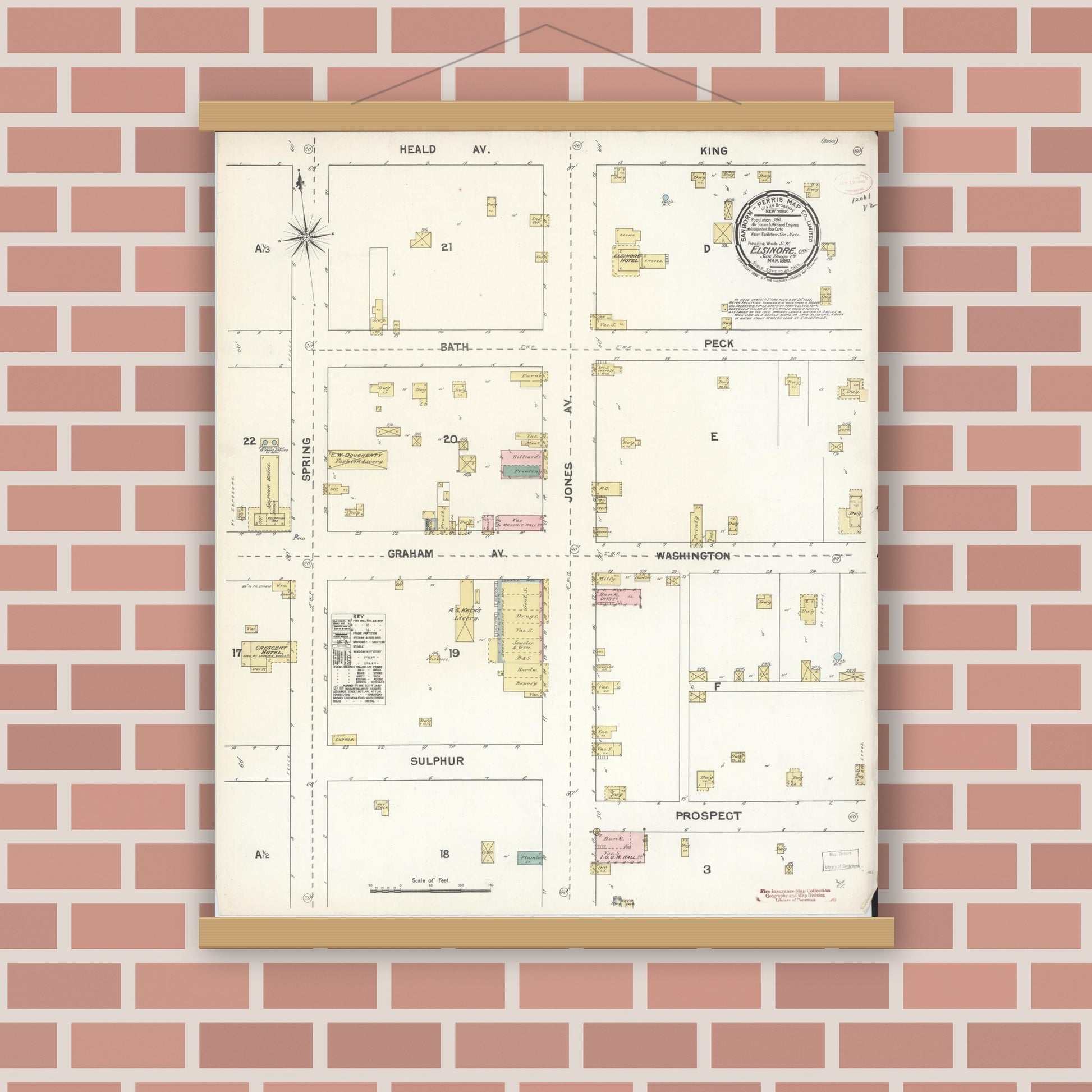 Old map wall art mockup — magnetic wood frame on brick wall — Sanborn Fire Insurance Map from Elsinore, Riverside County, California (1890), Sheet #0001